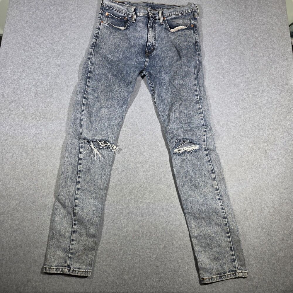 Levi's 510 Men's Skinny Jeans 34x34 Distressed Ripped Knees Acid Wash Blue Denim